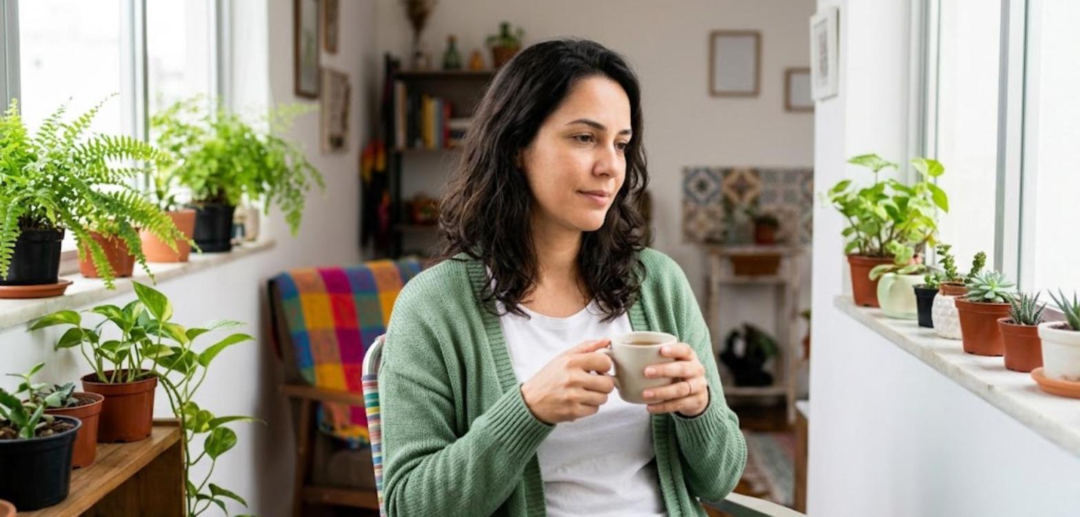 Depressão e ansiedade dão direito a afastamento pelo INSS? 1 Mulher de cardigã verde segurando uma xícara de chá perto da janela com plantas