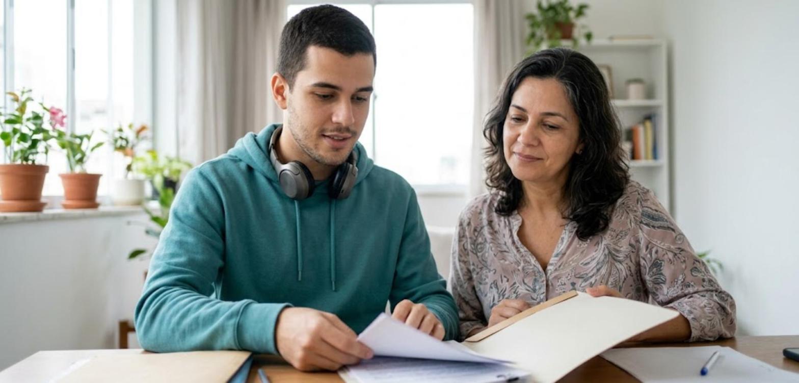 Jovem de moletom verde com fones no pescoço organizando documentos com a mãe
