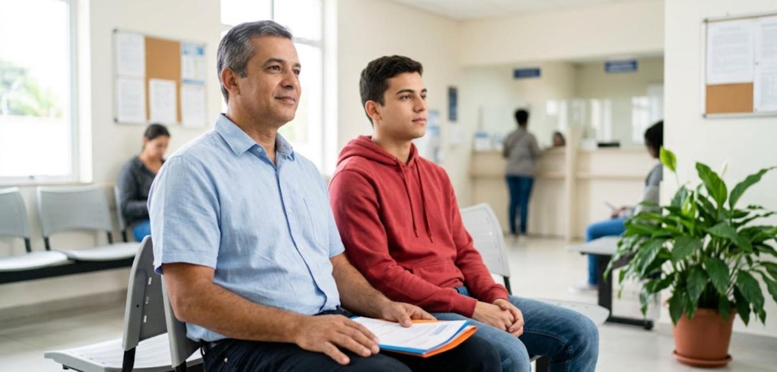 Como é a avaliação social do BPC, a perícia da assistente social? 1 Pai e filho jovem aguardando atendimento na sala de espera de um serviço público