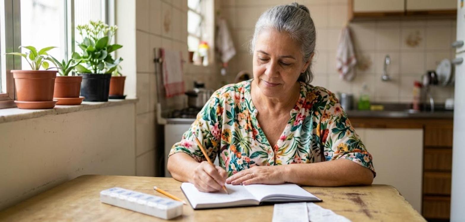 O INSS desconta aluguel e remédio da renda no pedido do BPC? 1 Senhora de blusa florida anotando as contas da casa ao lado de um porta-comprimidos