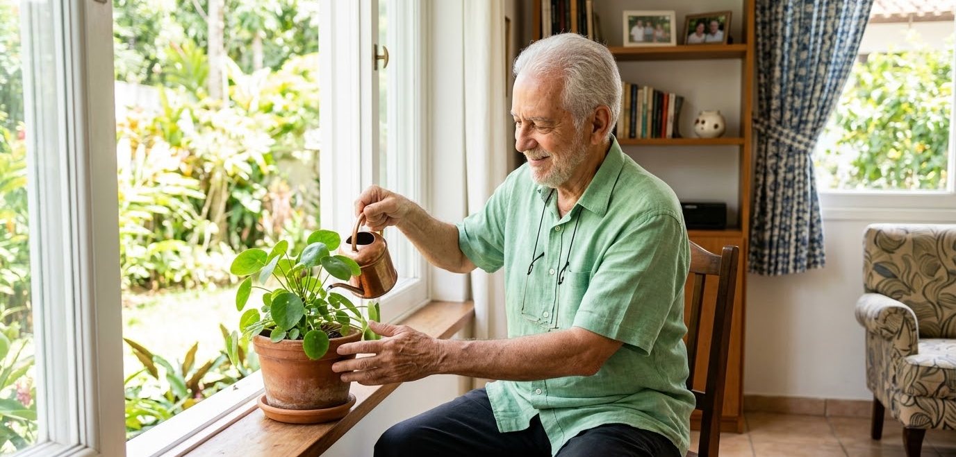 Idoso que mora sozinho tem direito ao BPC? A renda dos filhos conta? 1 Senhor de cabelos brancos regando uma planta na janela de casa