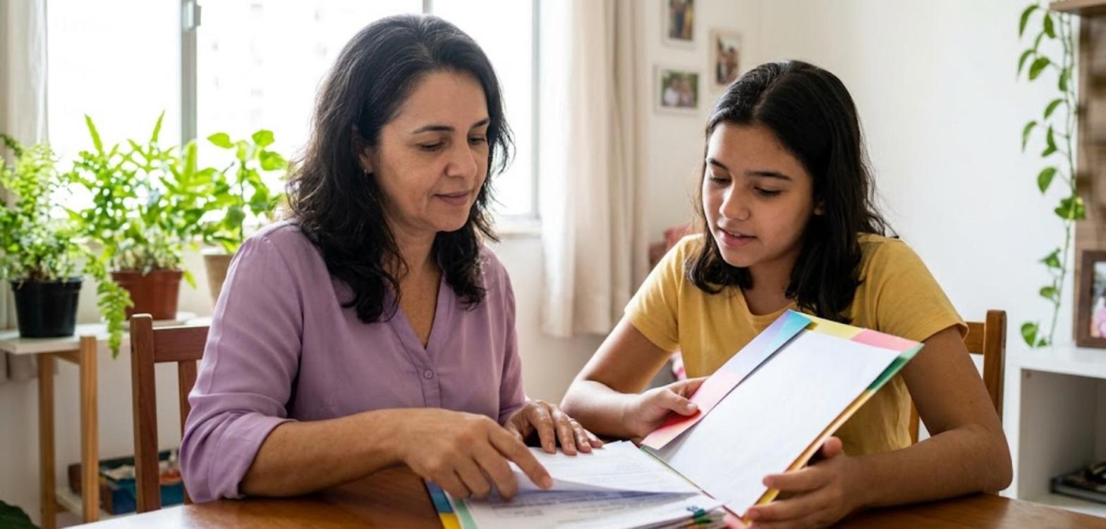 Quais doenças dão direito ao BPC/LOAS? 1 Mãe e filha organizando relatórios médicos em uma pasta colorida na mesa da sala