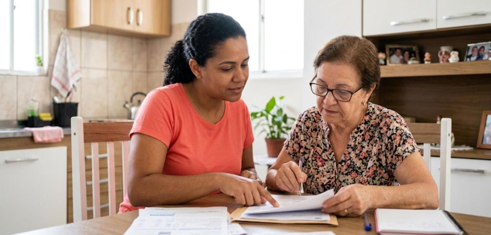 Filha ajudando a mãe idosa a conferir documentos na mesa da cozinha