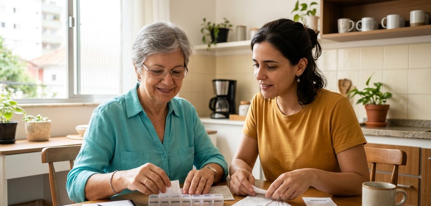 Senhora e a filha organizando recibos na mesa da cozinha