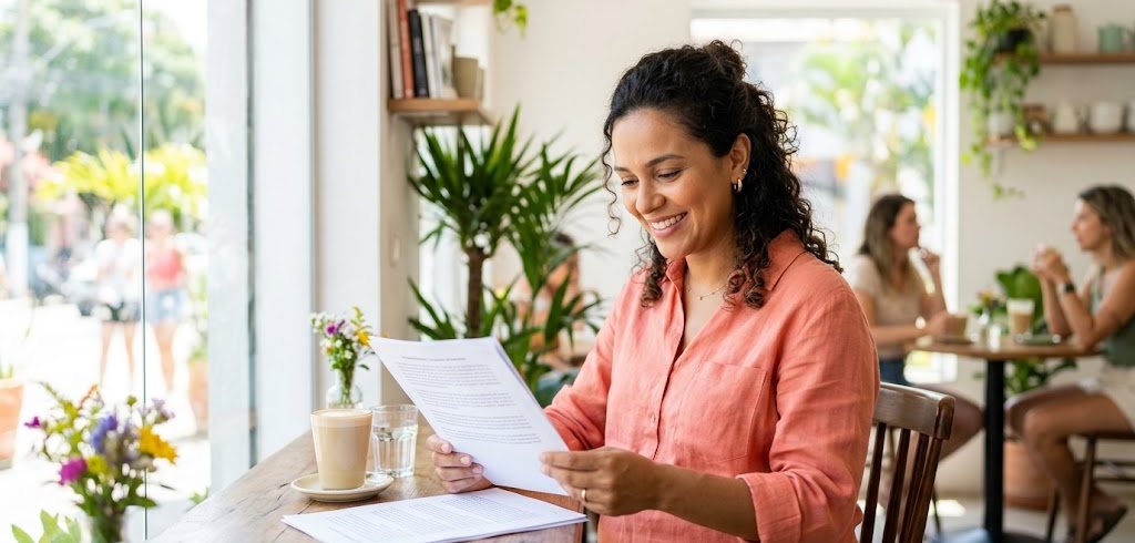 Trabalhadora lendo documento em um café