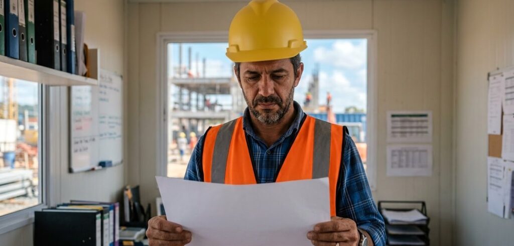 Trabalhador da construção de capacete amarelo lendo um documento no escritório da obra