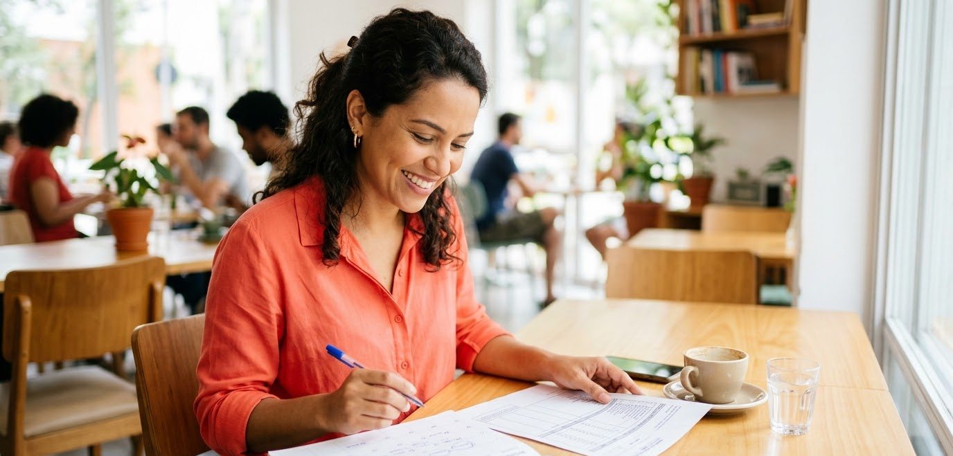 Minhas férias venceram e a empresa não deixou tirar. Recebo em dobro? 1 Trabalhadora conferindo calendário e holerite em um café