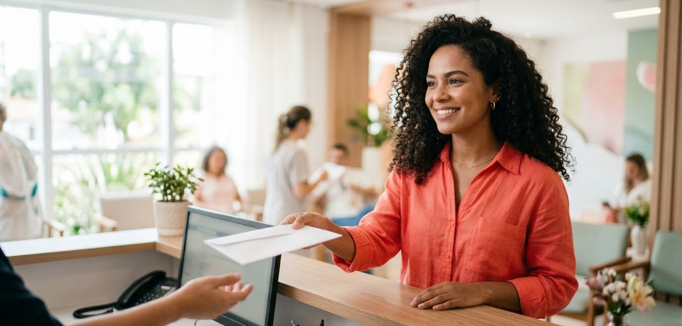 Pedi demissão. O que tenho direito a receber? 1 Trabalhadora entregando envelope na recepção de uma clínica