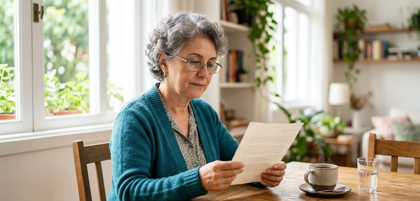 Senhora de óculos lendo uma carta sentada à mesa, com uma xícara de café ao lado