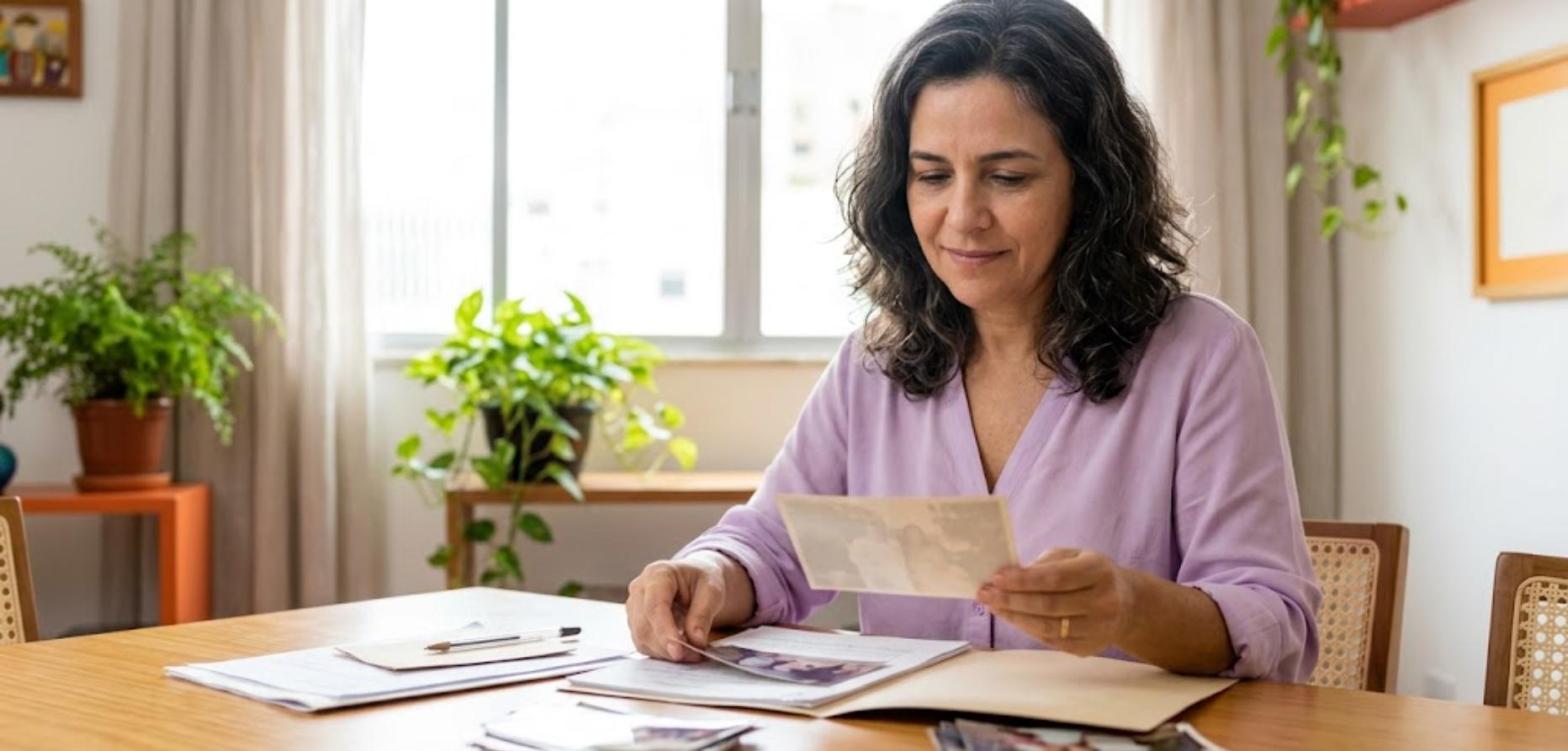 Mulher de blusa lilás organizando documentos e fotos de família na mesa de jantar