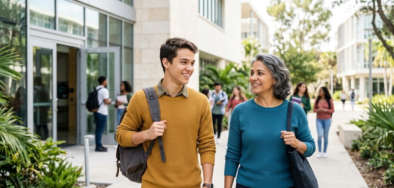 Jovem universitário caminhando ao lado da mãe