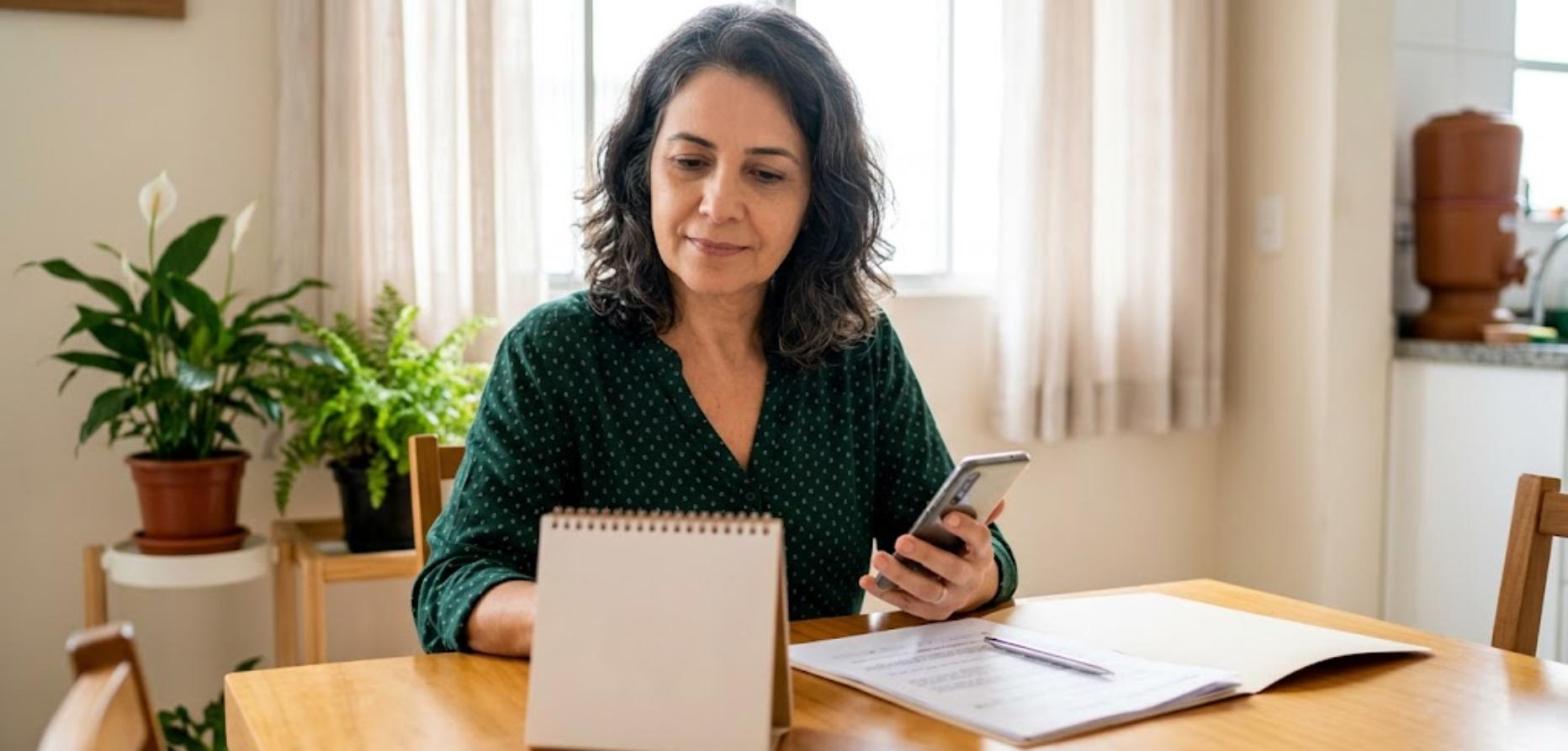 Qual o prazo para pedir a pensão por morte sem perder os atrasados? 1 Mulher de blusa verde consultando o celular ao lado de um calendário de mesa e de uma pasta de documentos