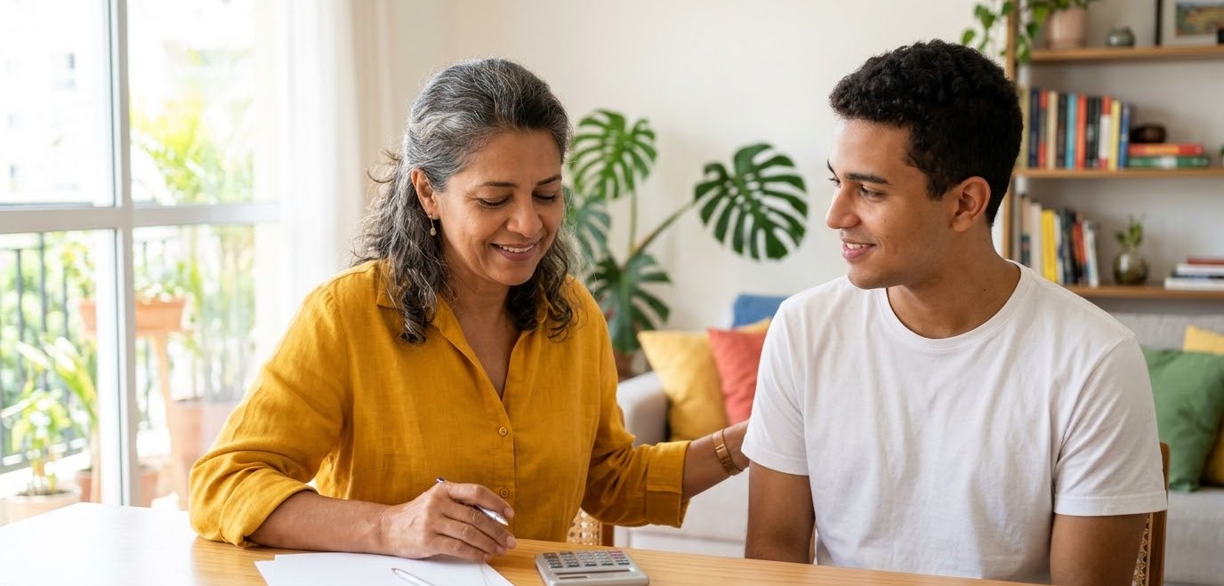 Mãe e filho fazendo contas na mesa da sala
