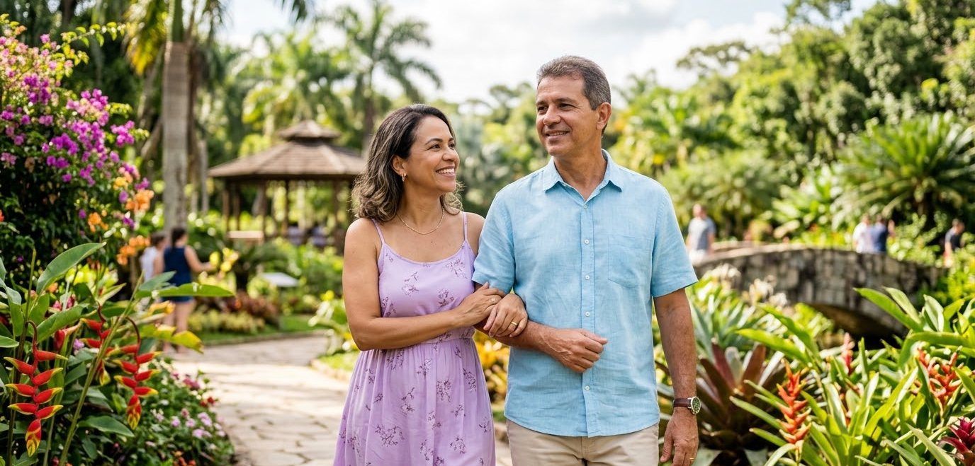 Viúva que casa de novo perde a pensão por morte? 1 Casal caminhando de braços dados em um jardim