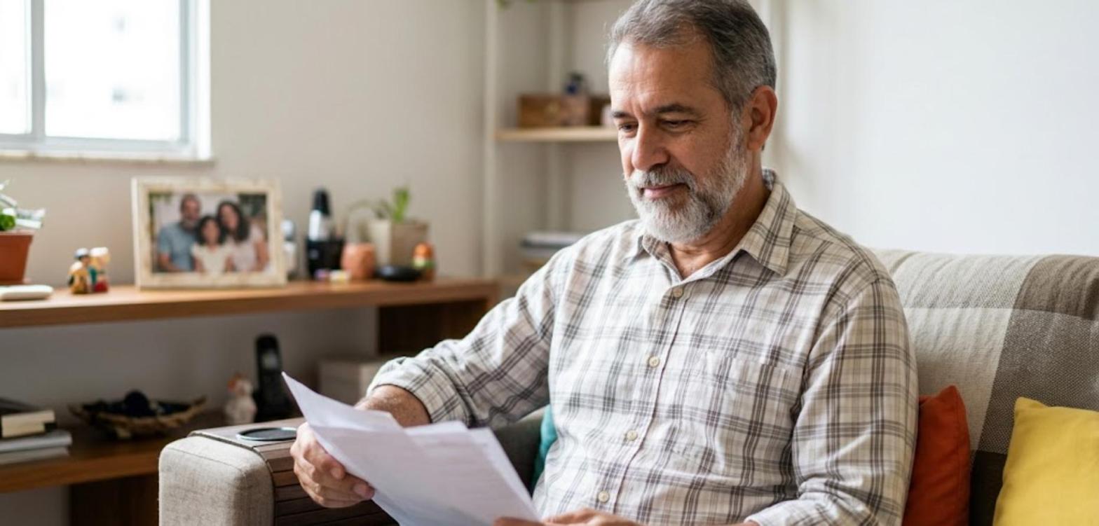 Homem de barba grisalha e camisa xadrez lendo documentos no sofá de casa
