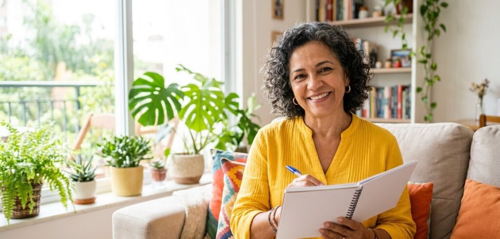 Mulher de blusa amarela fazendo anotações num caderno na sala de casa