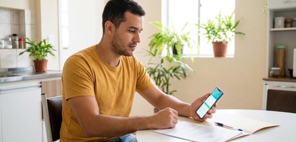 Rapaz de camiseta amarela conferindo o celular e o termo de rescisão na mesa de casa