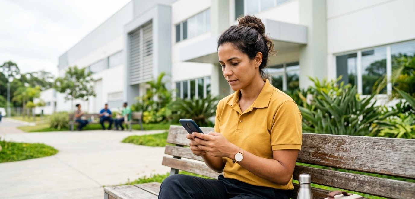 Salário atrasado: qual o prazo da empresa e o que fazer? 1 Auxiliar de produção sentada num banco em frente à fábrica olhando o celular