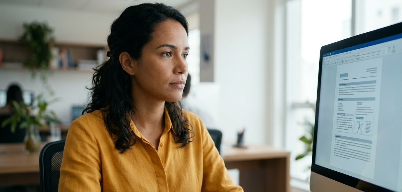 Mulher de blusa amarela olhando um laudo na tela do computador